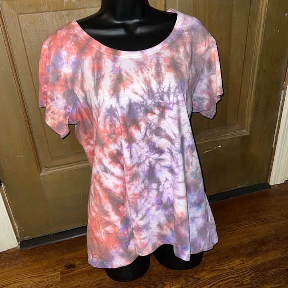 ⭐️White, Red & Purple Tie Dye Short Sleeve Swoop Neck Stretchy Top Size XL - Picture 2 of 10